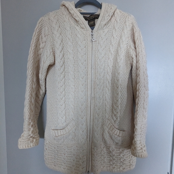 Inis Crafts Ireland Merino Wool Fisherman Zip Front Hooded Cardigan Swea… - Picture 2 of 12